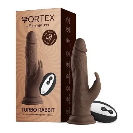 penis-discomfort-relief-fast-FemmeFunn Vortex Turbo Rabbit 2.0 8 in. Dual Stimulation Vibrating Dildo Brown