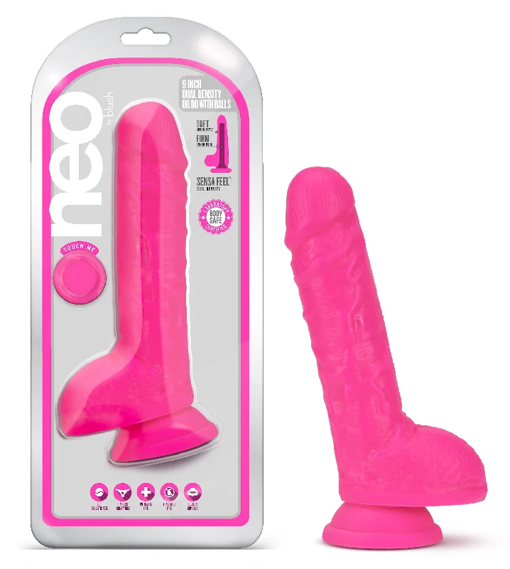 penis-skin-moisture-solutions-Neo - 9 Inch Dual Density Dildo - Neon Pink