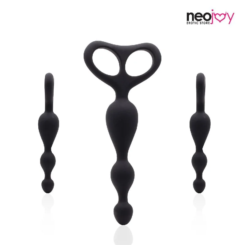 anal toys with deep vibes-Neojoy - Beaded Anal Dildo Silicone With Double Loops - Black - 17.5cm - 6.9 inch