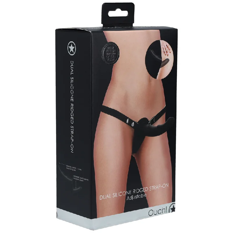 cock ring value feel-OUCH! Dual Silicone Ridged Strap-On - Black - Black Double Ended Strap-On