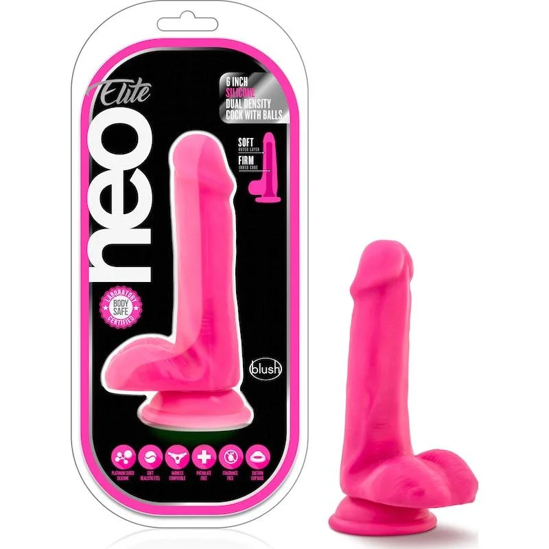 anal toys with stiff base-Neo Elite 6in Silicone Dual Density Cock with Balls Neon Pink