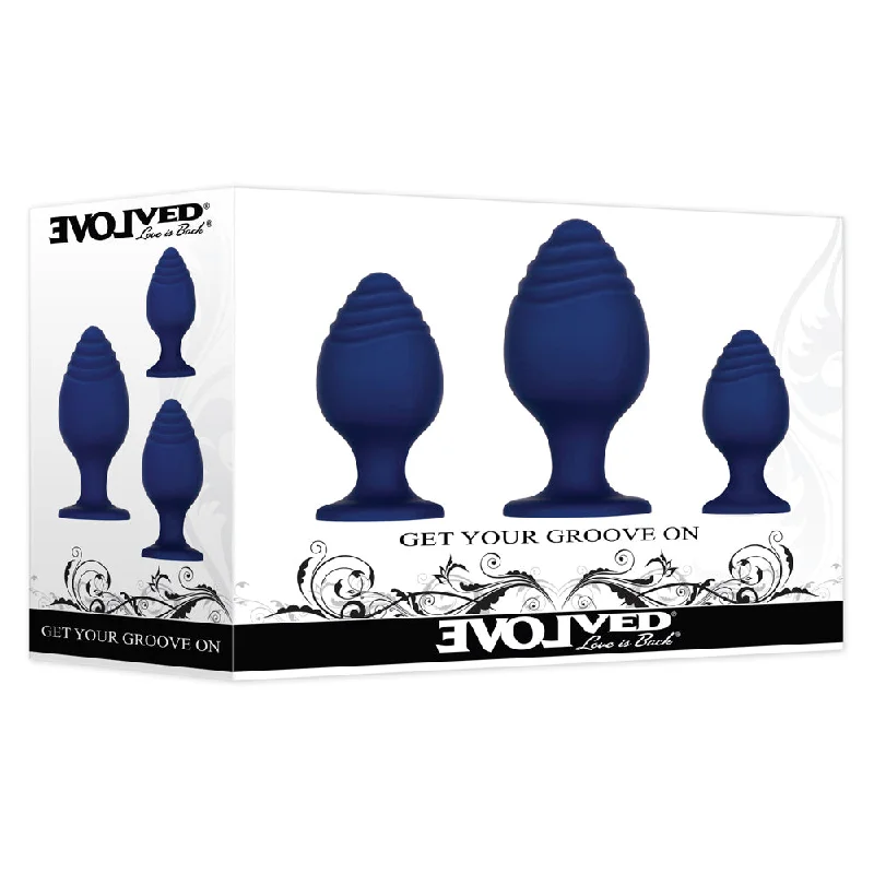 anal toys with dynamic beads-Evolved Get Your Groove On 3-Piece Silicone Anal Plug Set Blue