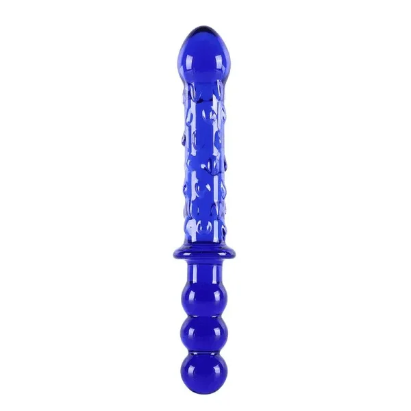 Dildo-spiraled-9 Inch Double Ended Blue Glass Ribbed Dildo