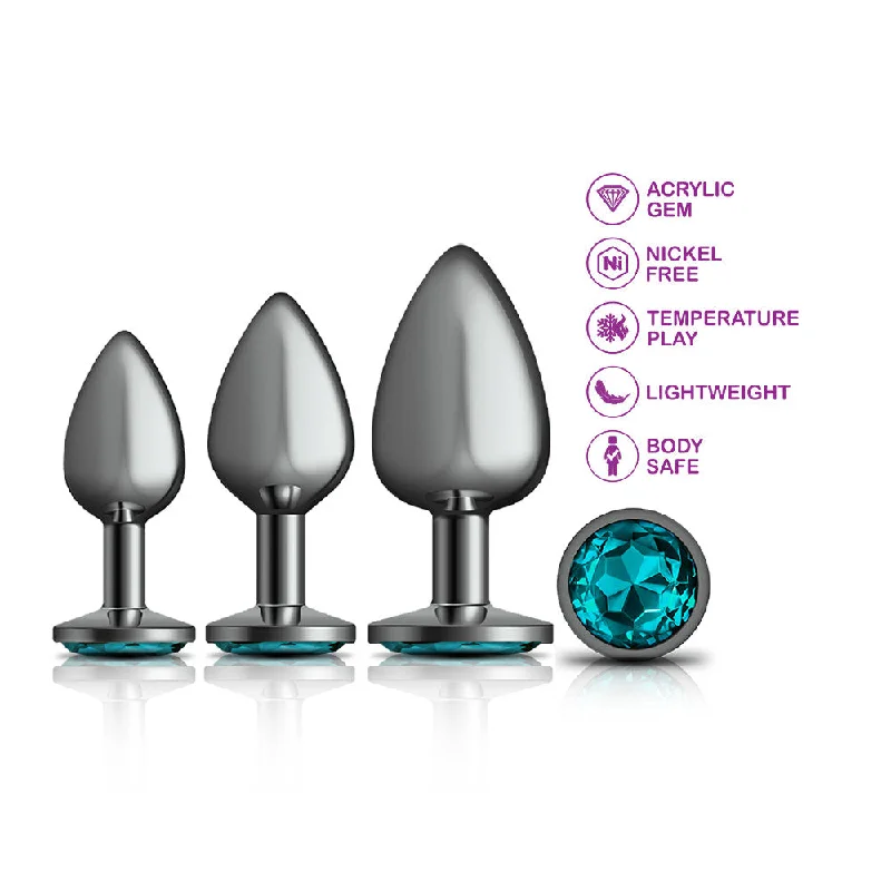 anal toys with ridged texture-Cheeky Charms - Metal Butt Plug Gunmetal - Round - Teal -  Anal Trainer Kit