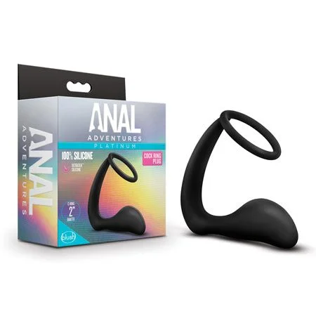 anal toys with rolling beads-Blush Anal Adventures Platinum Silicone Cock Ring Plug - Black