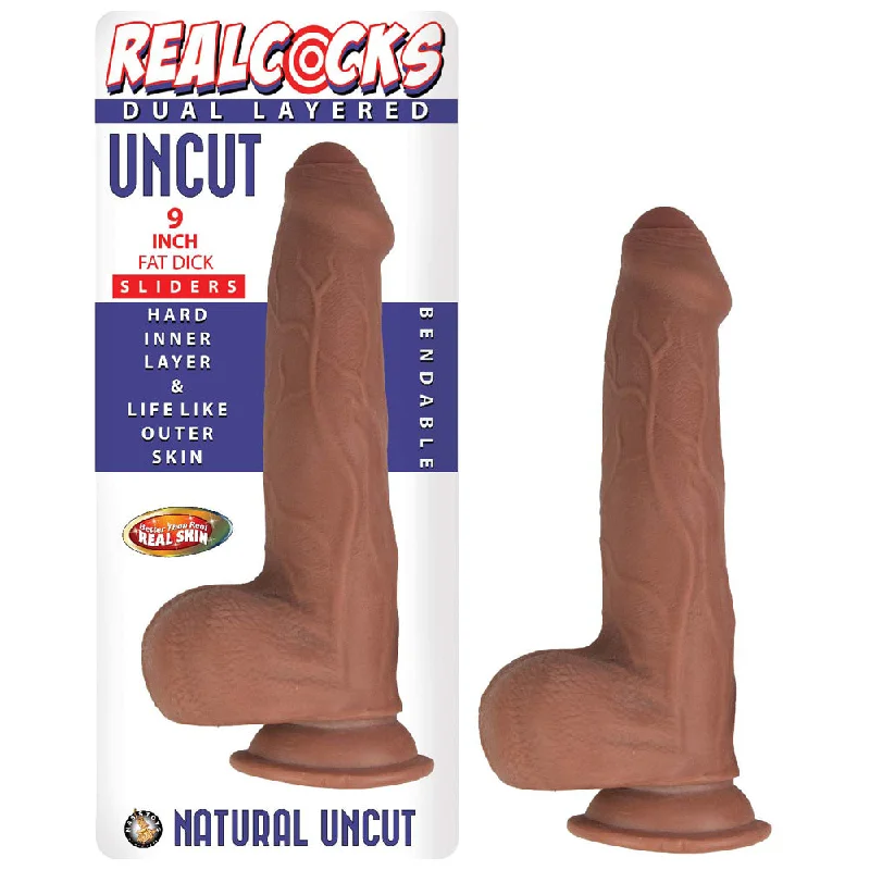 cock ring muted texture-Realcocks Dual Layered Uncut Slider 9" Fat Dick Brown