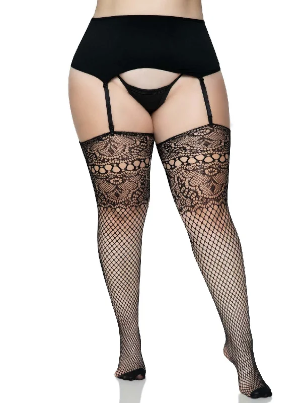 men’s wool briefs-Lace Top Fishnet Backseam Stockings - 1x/2x -  Black