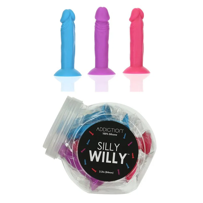 Dildo-sugared-Addiction Silly Willy 3.3 in. Silicone Miniature Dildo 12-Piece Assorted Color Fishbowl Display