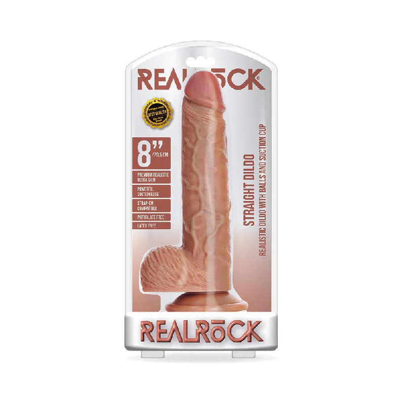 Dildo-silver-Realrock Straight Realistic Dildo With Balls And Suction Cup 8 In. Tan