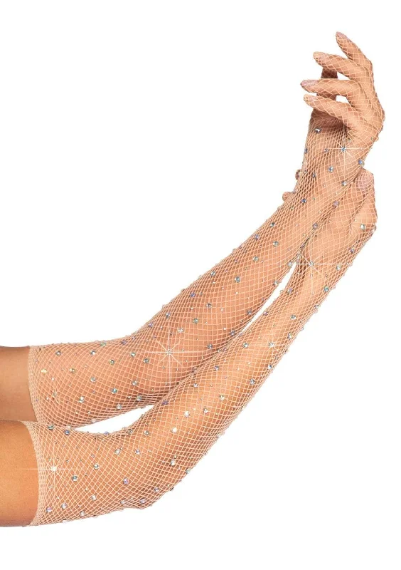 kinky fishnet lingerie-Rhinestone Fishnet Long Gloves Nude