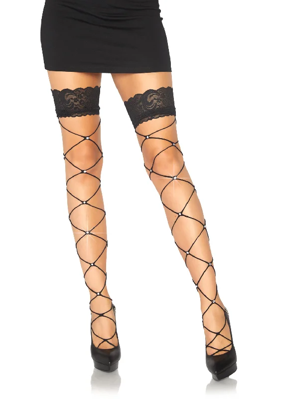 mid-rise lace thong-Crystalized Wide Net Lace Top Thigh Highs - One Size - Black