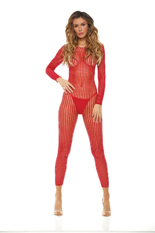 lace ruffled set-Crotchless Bodystocking - One Size - Red