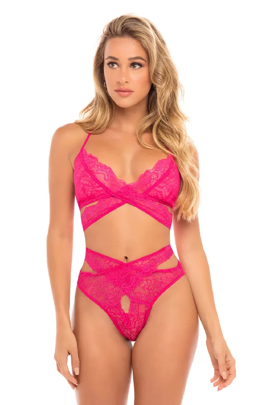 bridal polka bra-Cut Out Galloon Lace Bra Set - Bright Rose - S/m