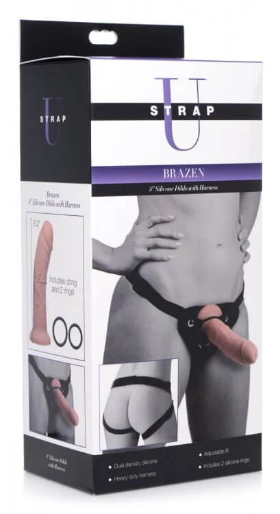 penis-health-vitamin-list-XR Brands Strap U Brazen 8-Inch Silicone Dildo with Harness | Premium Dual Density Dong and Adjustable Strap-On Set