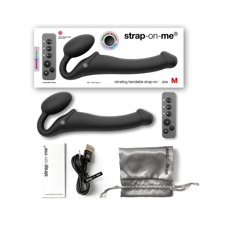 cock ring duo style-Strap-On-Me Rechargeable Remote-Controlled Silicone Vibrating Bendable Strap-On Black M