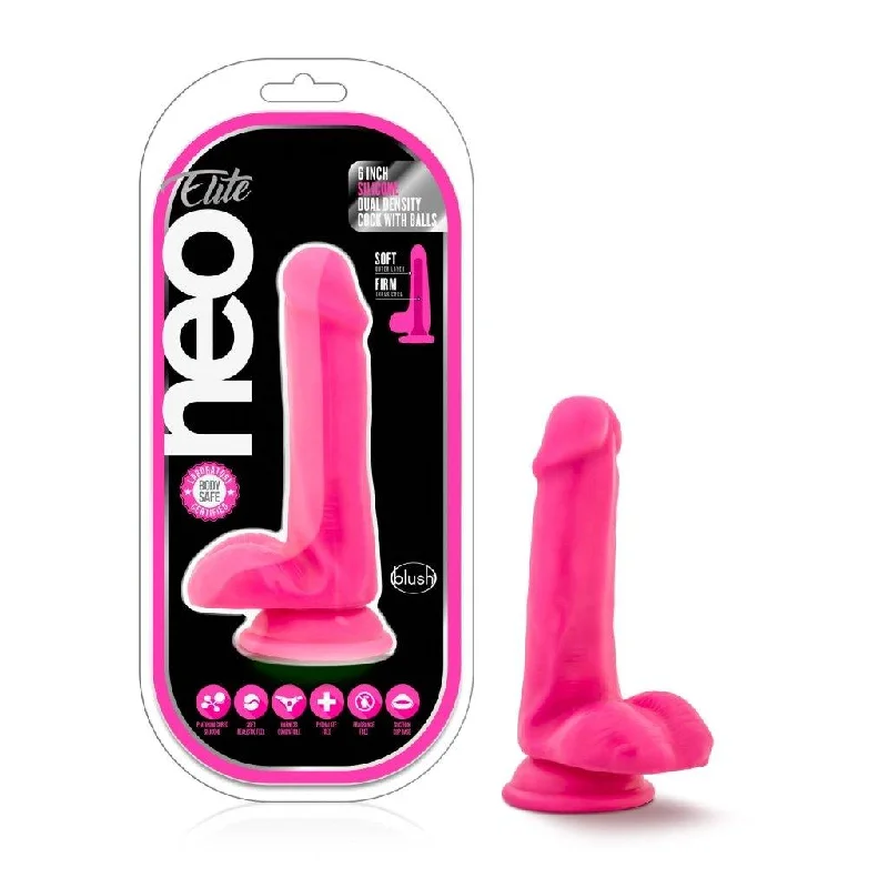 anal toys for couples relaxation-Neo Elite 6in Silicone Dual Density Cock with Balls Neon Pink