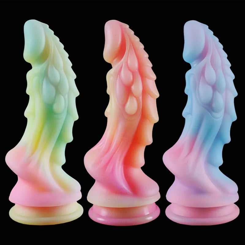 anal toys with cushioned tip-New Luminous Dragon Dildos Colourful Glowing Anal Toys Butt Plug Huge Monster Dildo with Suction Cup Sex Toys for Women/Men