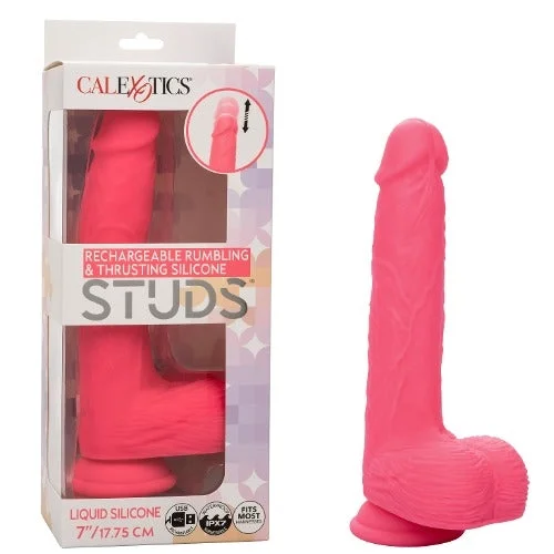 cock ring deep fit-RECHARGEABLE RUMBLING & THRUSTING SILICONE STUDS PINK 7"/17.75CM