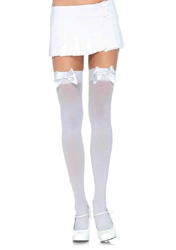 men’s linen briefs-Opaque Thigh Highs With Satin Bow Accent -  One Size - White