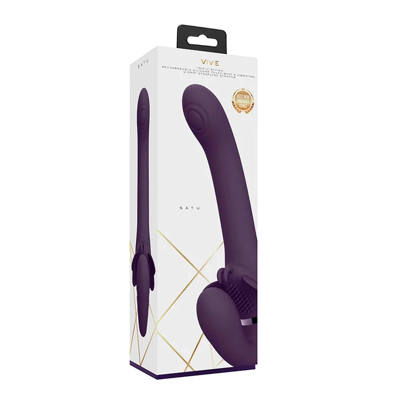 cock ring rapid charge-VIVE SATU Rechargeable Triple Motor Pulse-Wave Vibrating Silicone Strapless Strap-On Purple