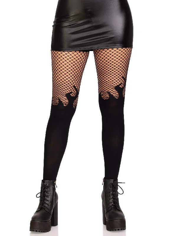 latex lingerie set-Opaque Flame Tights With Fishnet Top - One Size -  Black