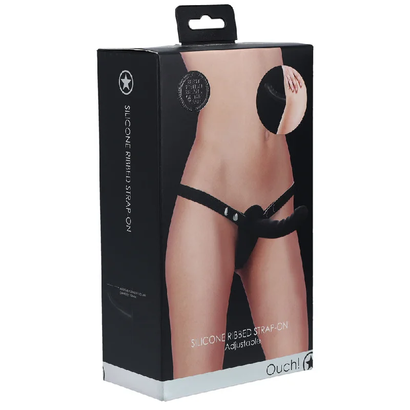 cock ring tough style-OUCH! Silicone Ribbed Strap-On - Black - Black Strap-On