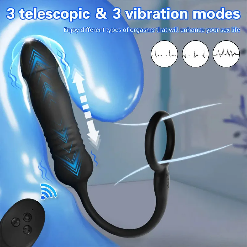 anal toys with modern vibes-Remote Control Thrusting Dildo Anal Plug - Cock Ring Delayed Ejaculation Trainer