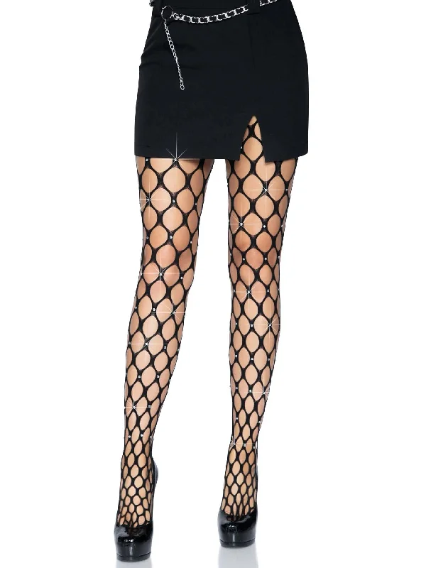 seamless polka panties-Rhinestone Pothole Net Tights - One Size - Black