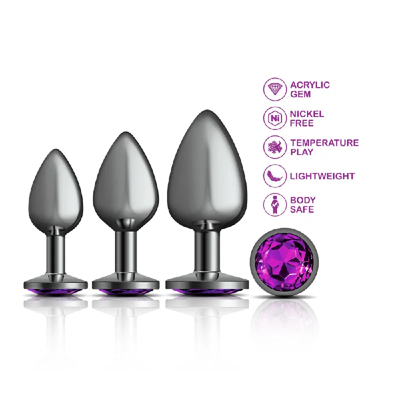 anal toys for gentle bliss-Cheeky Charms - Metal Butt Plug Gunmetal - Round - Deep Purple - Anal Trainer Kit