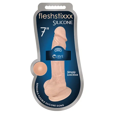 penis-size-research-facts-Curve Toys FLESHSTIXXX  7 in. Posable Silicone Dildo with Balls & Suction Cup Beige