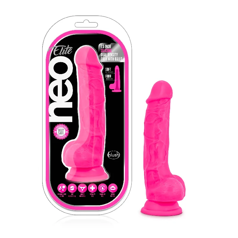 penis-sensitivity-training-tools-Neo Elite - 7.5" Silicone Dual Density Cock with Balls - Neon Pink