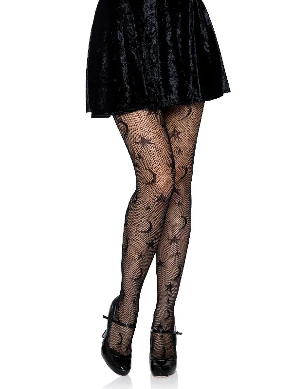 geometric nightgown sheer-Celestial Net Tights - One Size - Black