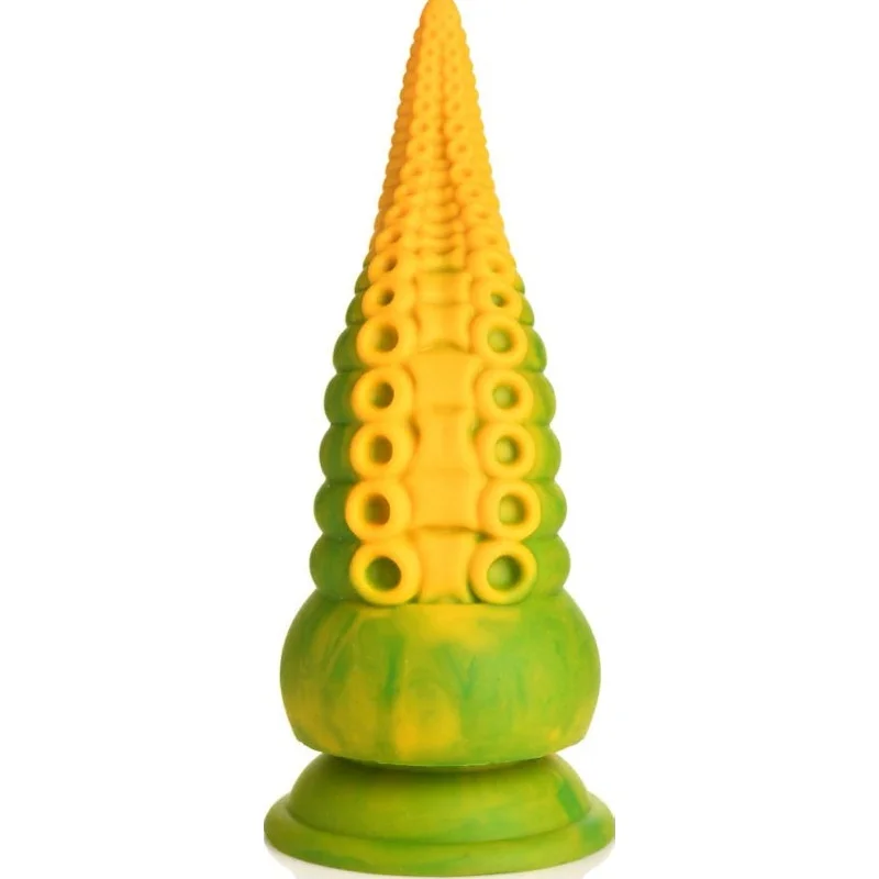 penis-size-and-comfort-Creature Cocks - Monstropus 2.0 Vibrating Tentacle Silicone Dildo - Green/Yellow