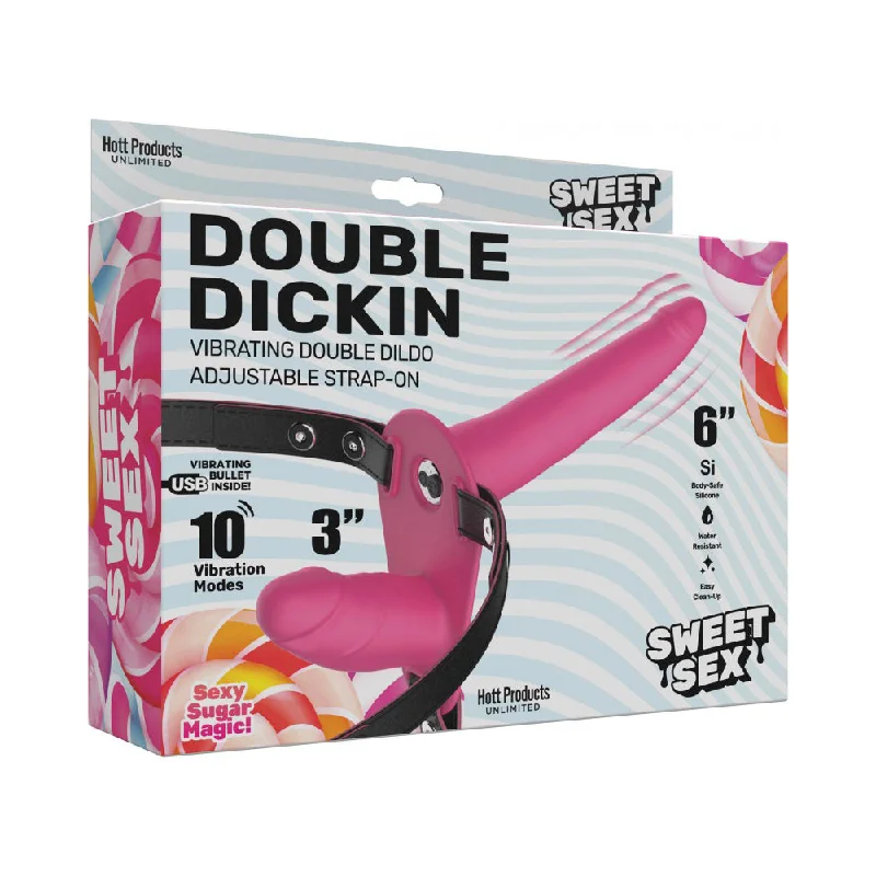 cock ring plush finish-Sweet Sex Double Dickin Dual Purpose Strap On With Harness Silicone Pink