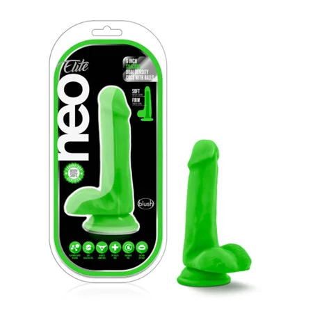 penis-hygiene-products-natural-Blush Neo Elite 6 in. Silicone Dual Density Dildo with Balls & Suction Cup Neon Green