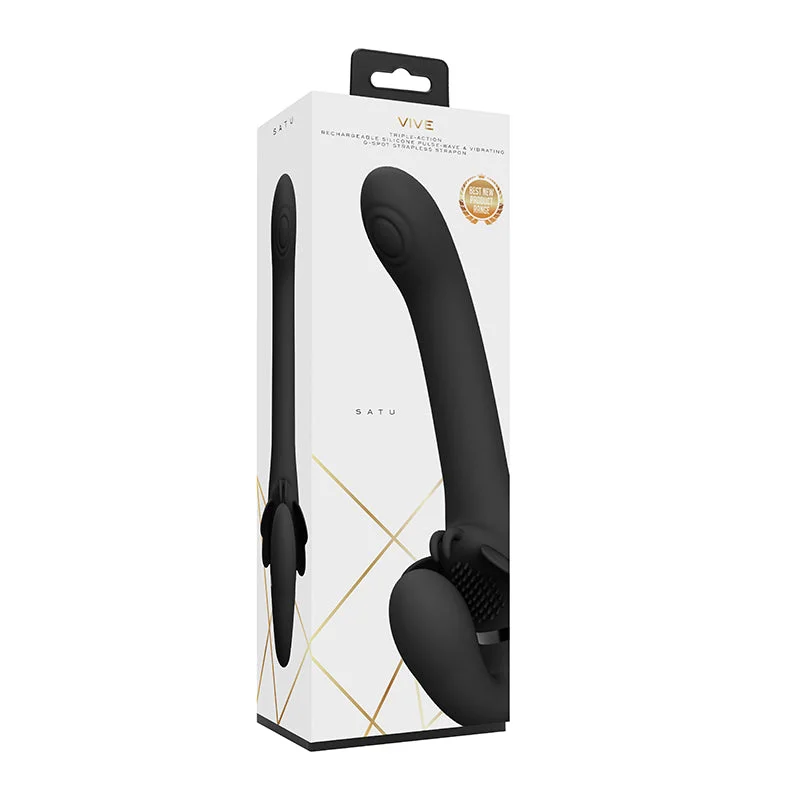 cock ring romantic gift-VIVE SATU Rechargeable Triple Motor Pulse-Wave Vibrating Silicone Strapless Strap-On Black