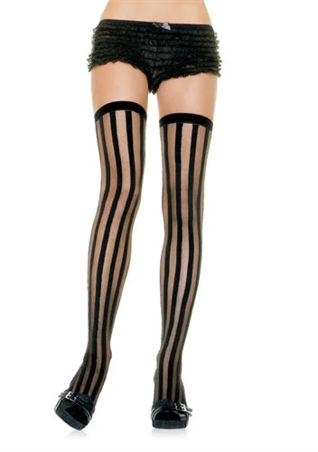 seamless fishnet thong-Striped Sheer Stockings - One Size - Black