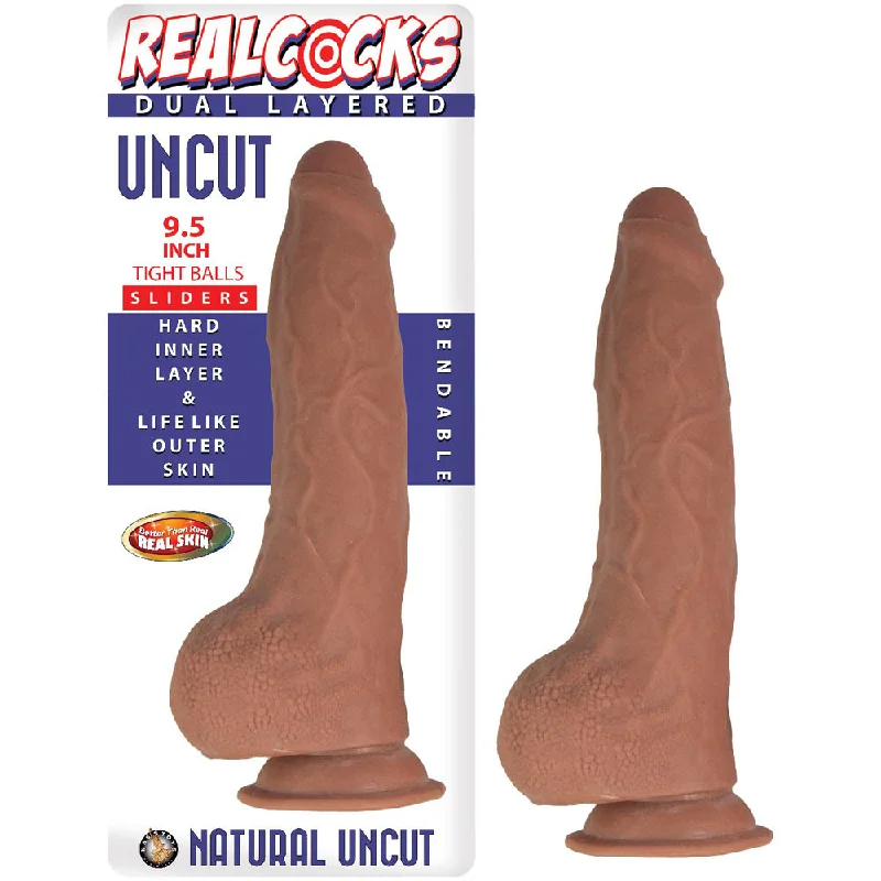 cock ring vivid texture-Realcocks Dual Layered Uncut Slider 9.5" Tight Balls Brown