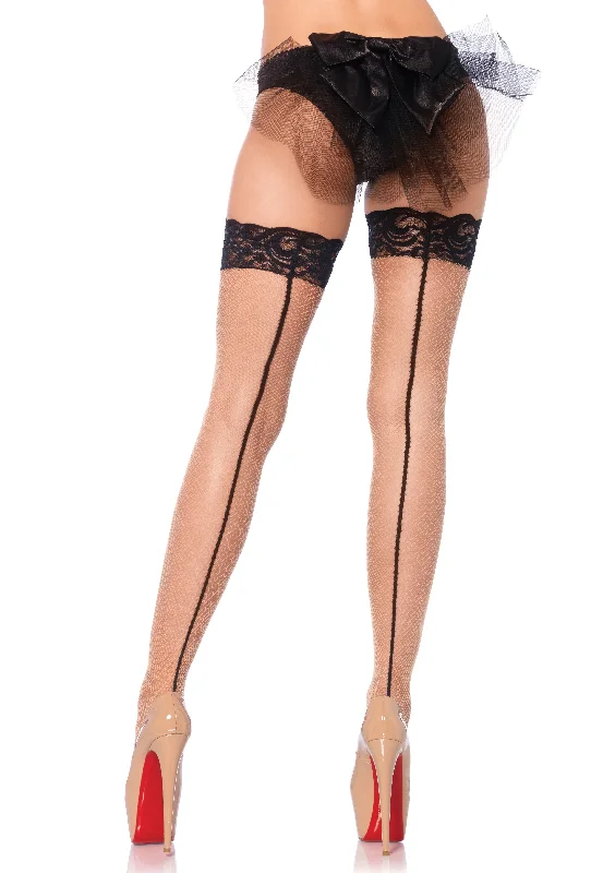 floral cheeky thong-Stay Up Lace Top Fishnet Thigh Highs  - One Size - Nude/black