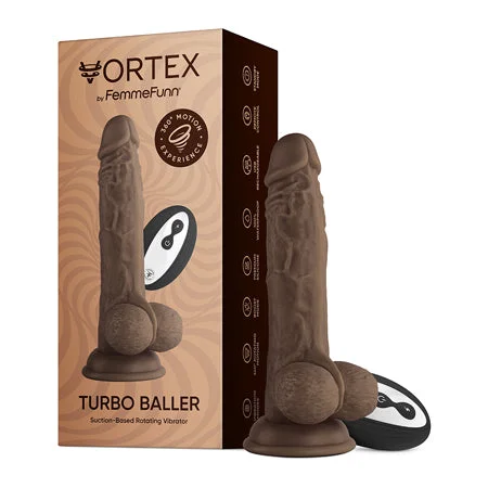 penis-enlargement-scams-exposed-FemmeFunn Vortex Turbo Baller 2.0 8.25 in. Vibrating Rotating Dildo Brown