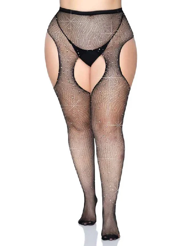 soft demi bra-Casey Rhinestone Fishnet Suspender Pantyhose - Queen - Black