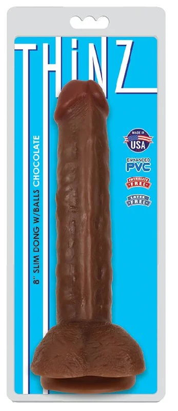 penis-health-monitoring-guide-Thinz 8-Inch Slim Dong with Balls - Realistic Chocolate Brown Dildo