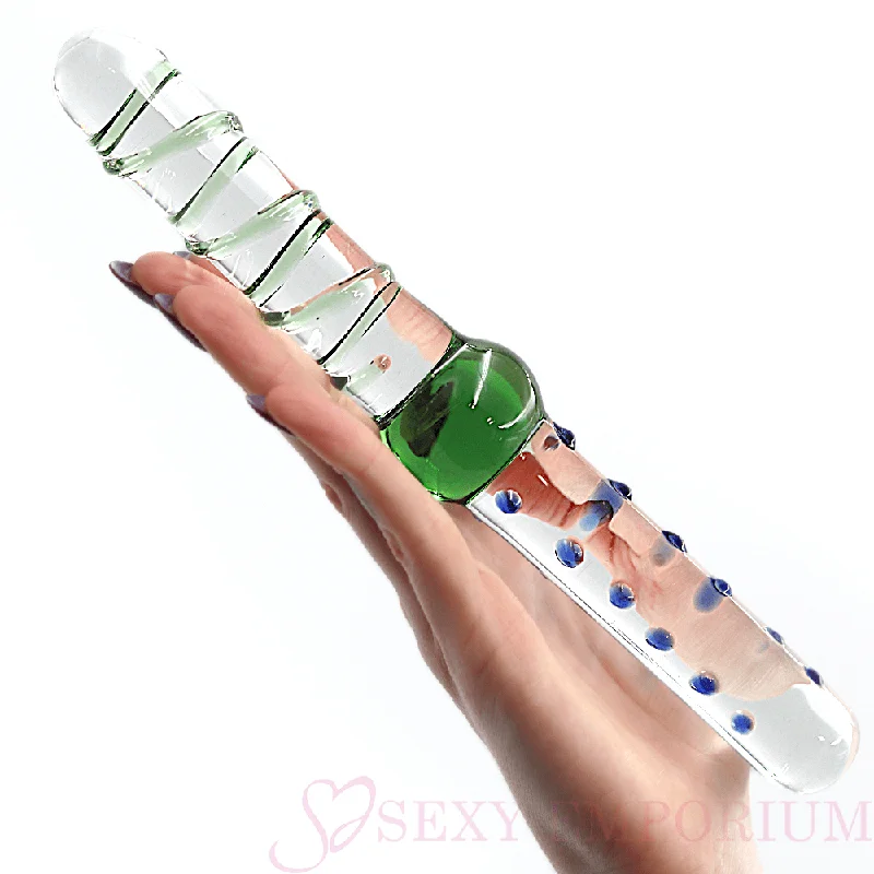 Dildo-translucent-9 Inch Green & Blue Double Ended Glass Dildo