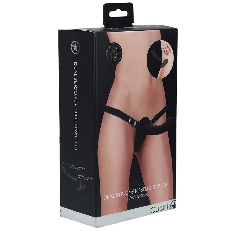 cock ring tight grip-OUCH! Dual Silicone Ribbed Strap-On - Black - Black Double Ended Strap-On