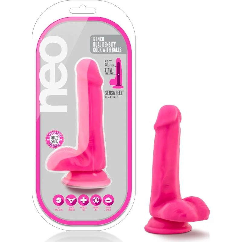 anal toys for intense bliss-Neo Dual Density Cock With Balls 6in Neon Pink