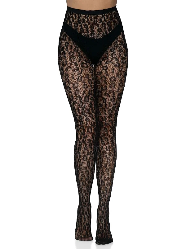 sheer frilled nightie-Leopard Net Tights - One Size - Black