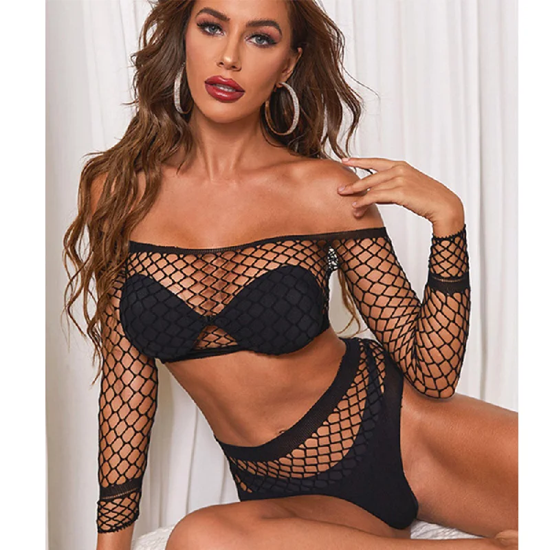 ruffled mesh thong-Sexy Fishnet Lingerie Set Long Sleeve Off Shoulder Bra