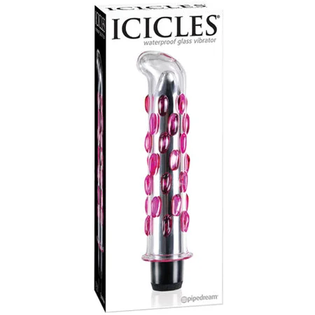 penis-exercise-frequency-guide-Pipedream Icicles No. 19 Curved Textured Vibrating 7.5 in. Glass Dildo Pink/Clear