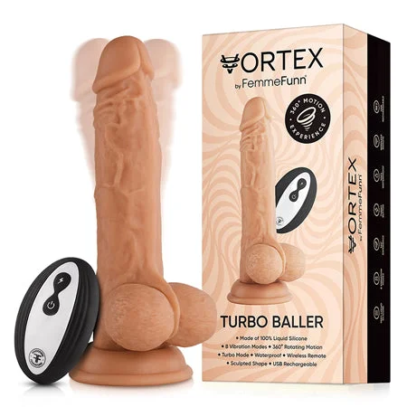 penis-care-routine-nightly-FemmeFunn Vortex Turbo Baller 2.0 8.25 in. Vibrating Rotating Dildo Beige